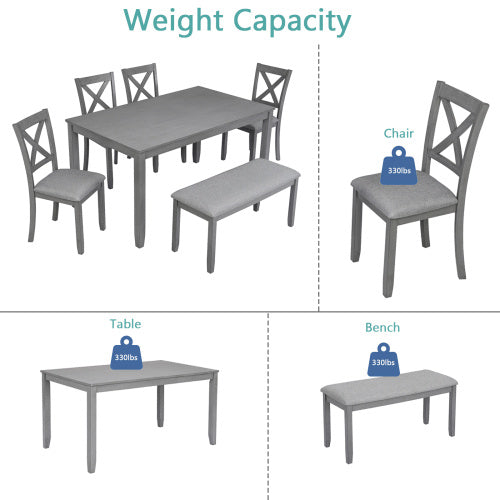 6 Piece Kitchen Dining Set, Rectangular Wooden Dining Table